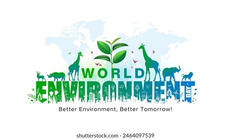 World Environment Day theme. Tree plant with eco environment and animals background.