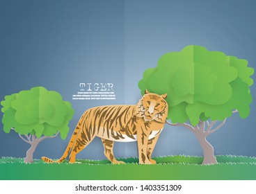 World environment day with TIGER on  green grass in spring season background,Vector paper craft style.