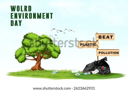 World Environment Day. with tree, trash bag, and sign saying "Beat Plastic Pollution". suitable for banner, poster, illustration, news, social media and etc.