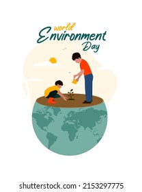 World environment day typography with Earth and the landscape abstract background. kids planting a tree and celebrating environment day. 