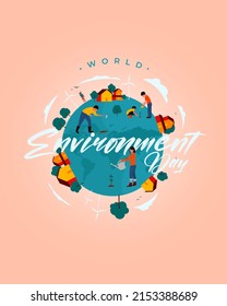 World environment day typography with Earth and the landscape abstract background. kids planting a tree and celebrating environment day. 