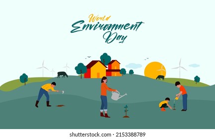 World environment day typography with Earth and the landscape abstract background. kids planting a tree and celebrating environment day. 