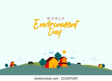 World environment day typography with an eco-friendly village, forest landscape abstract background. Natural energy vector illustration background design.