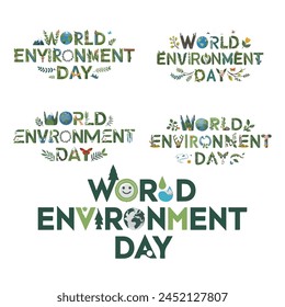 World Environment Day typography Unique letter shapes Incorporates nature elements like leaves, trees, animals, flower, beehive, eco friendly theme. celebrating Earth Day typography set.