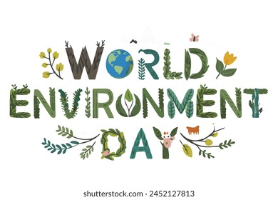 World Environment Day typography Unique letter shapes Incorporates nature elements like leaves, trees, animals, flower, beehive, eco friendly theme. celebrating Earth Day typography