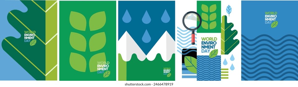 Día Mundial del Medio Ambiente. Vector ilustraciones abstractas de hojas, olas de agua, montañas y lupa para póster, íconos de protección y conservación del planeta, calentamiento global en minimalismo y plano