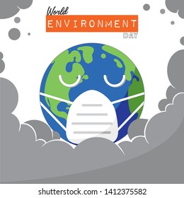 World environment day vector art. World wear mask with air pollution or smoke around world. Earth is being sick and sad. Save the world.