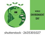 World Environment Day - vector banner. Happy smiling earth with eyes and mouth. Joyful earth, green sprouts, wind turbines, solar panels and text.