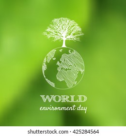 World environment day vector card, poster on blur green background. 