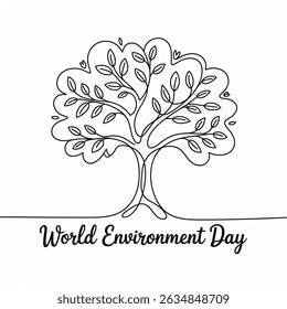 World Environment Day.  vector Ecology and Nature concepts.. One continuous line drawing doodle, minimalistic web poster with tree on white background.