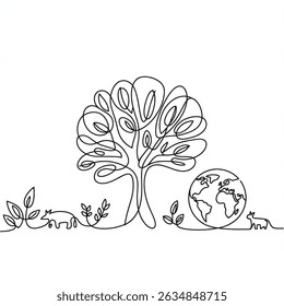 World Environment Day.  vector Ecology and Nature concepts.. One continuous line drawing doodle, minimalistic web poster with tree on white background.