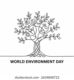 World Environment Day.  vector Ecology and Nature concepts.. One continuous line drawing doodle, minimalistic web poster with tree on white background.