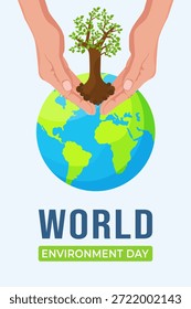 Vetor do Dia Mundial do Meio Ambiente com as mãos segurando a árvore no globo. Conceito ecológico de cuidado da natureza, sustentabilidade e proteção ambiental para cartazes e banners.