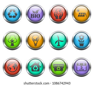 world environment day vector icons on color glass buttons