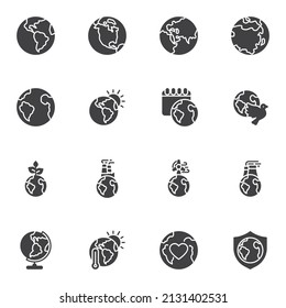 Conjunto de iconos vectoriales del día mundial del medio ambiente, colección moderna de símbolos sólidos, paquete de pictogramas estilo relleno. Señales, ilustración del logotipo. Set incluye iconos como protección de la ecología, cuidado del planeta, globo terrestre, paloma