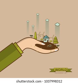 World Environment Day. Vector illustration with hands holding the earth globe and wind turbine, bike , solar cell ,house, and trees. Concept for posters, greeting card, ecology, recycling and nature.