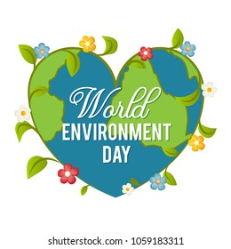 World Environment Day. Vector illustration for a holiday. The globe in the form of a heart. Symbols and signs. A poster for bringing to the global problems related to the preservation of nature.