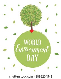 World environment day. Vector illustration with the words, wooden signboard and green leaves. Eco friendly ecology concept. 
