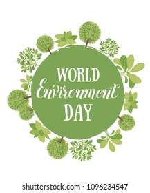 World environment day. Vector illustration with the words, wooden signboard and green leaves. Eco friendly ecology concept. 