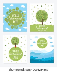 World environment day. Vector illustration with the words, wooden signboard and green leaves. Eco friendly ecology concept. Set of posters
