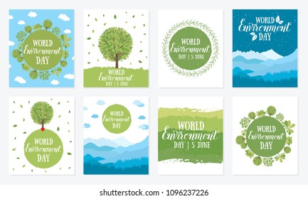 World environment day. Vector illustration with the words, wooden signboard and green leaves. Eco friendly ecology concept. Set of posters
