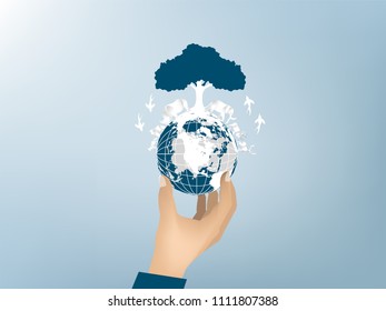 World Environment Day, Vector illustration with hand holding the earth globe and tree and animal, Concept for ecology world  recycling and nature environment