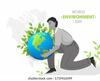 World Environment Day Vector Illustration with Human protecting Mother Earth, Covered by Leaves. 