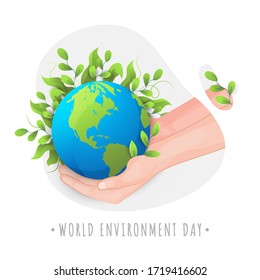 World Environment Day Vector Illustration with Human Hand protecting Mother Earth, Covered by Leaves. 