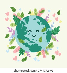 Día mundial del medio ambiente con ilustración vectorial del mundo/mundo feliz de los personajes lleno de felicidad, hoja, verde, azul y amor en diseño de estilo plano Diseño conceptual para banner, tarjeta de saludo, camiseta