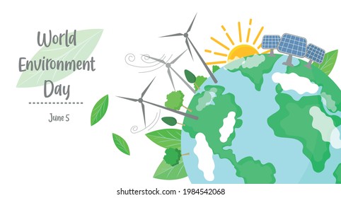 World Environment Day Vector Illustration. Ecology and Green Energy Concept. Clean Energy. Save The Planet. Wind Turbine Towers.  Wind Energy Converters. World Earth Illustration. Solar Energy Panels.
