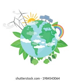 World Environment Day Vector Illustration. Ecology and Green Energy Concept. Clean Energy. Save The Planet. Wind Turbine Towers.  Wind Energy Converters. World Earth Illustration. Solar Energy Panels.