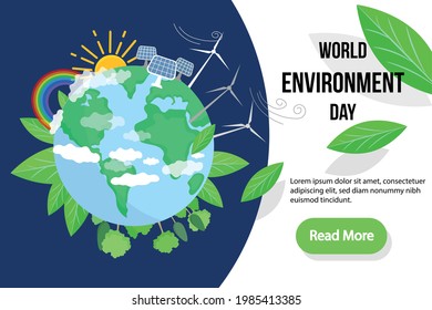 World Environment Day Vector Illustration. Ecology and Green Energy Concept. Clean Energy. Save The Planet. Wind Turbine Towers.  Solar Energy Panels. World Earth Illustration. Landing page, banner.