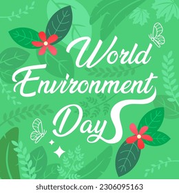 World Environment Day Vector illustration Green Background with Globe, Flowers  Leaf