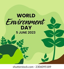 World Environment Day Vector illustration Green Background with Globe, Flowers  Leaf