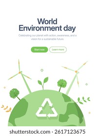 World Environment Day vector illustration. Green earth with wind turbines and a recycling sign. Illustration suitable for environmental and sustainable energy concepts in design projects.