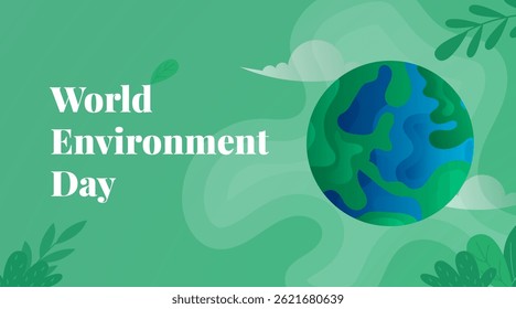 World Environment Day Vector Illustration Background with Globe Earth and Leaves 
