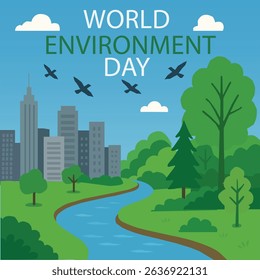 World Environment Day Vector Illustration with City, River, and Green Forest