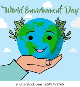 World Environment Day vector, vector illustration, World Environment Day with two hands holding bottle caps with plants. Symbol of ecology, sustainability, nature protection, global steward, 