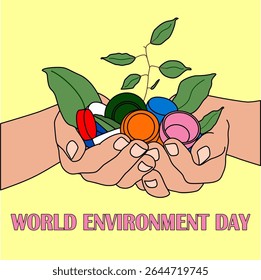 World Environment Day vector, vector illustration, World Environment Day with two hands holding bottle caps with plants. Symbol of ecology, sustainability, nature protection, global steward.