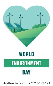 
Día Mundial del Medio Ambiente. Ilustración vectorial con campos, paneles solares y turbinas eólicas sobre un telón de fondo de verdes colinas.