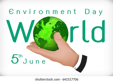 World Environment Day. Vector illustration with hands holding the earth globe and place for text. Concept for posters, greeting card, social media, ecology, recycling and nature.