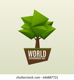 World environment day vector illustration. 5 June. Simple low poly green tree on ground