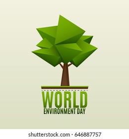 World environment day vector illustration. 5 June. Simple abstract low poly green tree logo