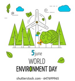 World Environment day vector illustration for banner, poster or logo. Wind power concept. Windmill, leaves and trees in outline style.