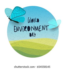 World Environment Day, vector illustration with butterflies and natural landscape.