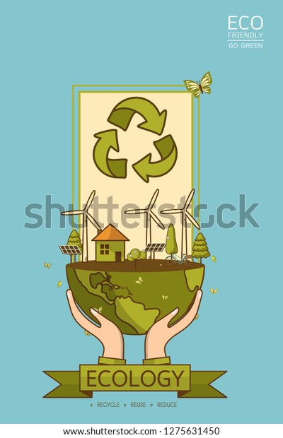 World Environment Day. Vector illustration with\
hands holding the earth globe and wind turbine, bike , solar cell\
,house, and trees. Concept for posters, greeting card, ecology,\
recycling and nature.