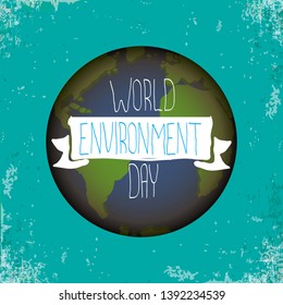 world environment day vector label or banner with earth globe isolated on azure background . 5 june celebration