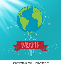 world environment day vector label or banner with earth globe isolated on turquoise sky background with sun lights. 5 june celebration