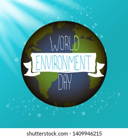 world environment day vector label or banner with earth globe isolated on turquoise sky background with sun lights. 5 june celebration