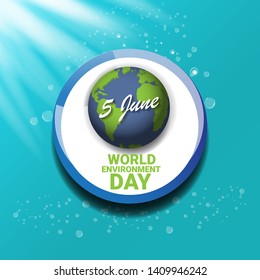world environment day vector label or banner with earth globe isolated on turquoise sky background with sun lights. 5 june celebration